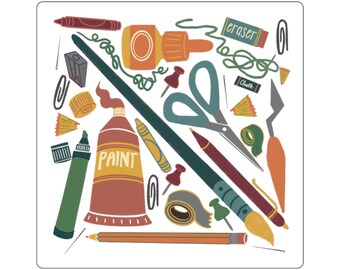 Art Supplies Square Sticker | Craft Tools Illustration