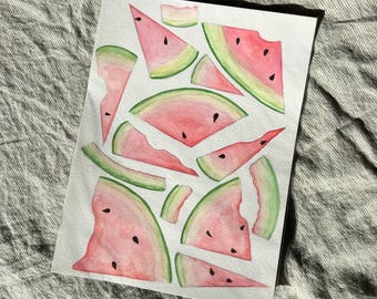 スイカのスライス（水彩画、9 x 12インチ）