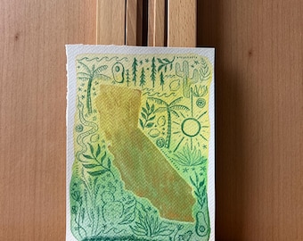 カリフォルニア グリーン イズ ゴールド (水彩と色鉛筆、5 x 7 インチ)