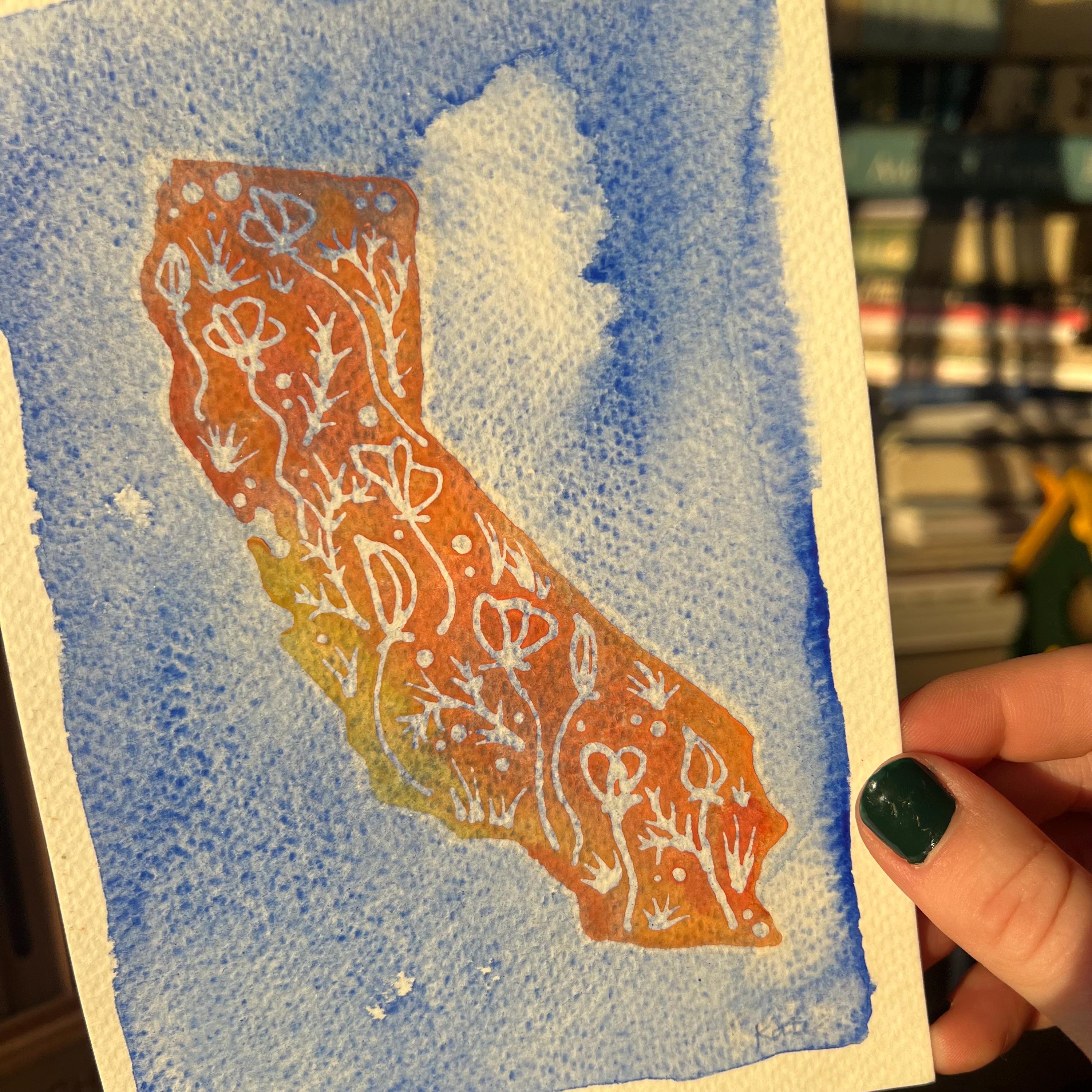 カリフォルニア スーパー ブルーム (水彩と色鉛筆、5 x 7 インチ