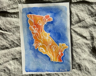 カリフォルニア ゴールデンポピーの芽 (水彩画、5 x 7 インチ)