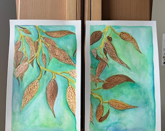 ケルプフォレスト二連画（水彩と色鉛筆、11 x 14インチ）