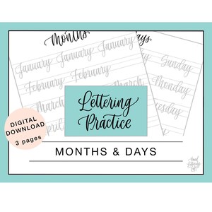 Months Days Lettering Practice Sheets Digital Download, Learn Modern Calligraphy Printable Worksheets, Practice Lettering Calendar Words