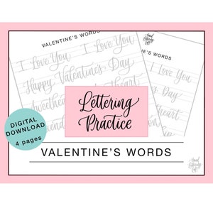 Valentine's Words Lettering Practice Sheets Digital Download, Learn Modern Calligraphy Printable Worksheets, Practice Lettering