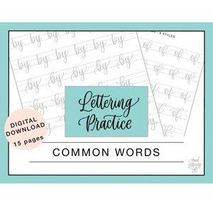 Common Words Lettering Practice Sheets Digital Download, Basic and Bounce Lettering Printable Worksheets, Brush Lettering for Beginners