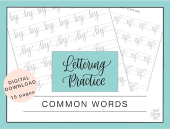 Common Words Lettering Practice Sheets Digital Download, Basic and Bounce Lettering Printable Worksheets, Brush Lettering for Beginners