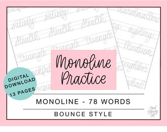 Monoline Words Übung Bounce Style, Words Lettering Übungsblätter, digitaler Download Arbeitsblätter, nachvollziehbare Word Guides, Print oder iPad