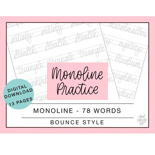 Monoline Words Übung Bounce Style, Words Lettering Übungsblätter, digitaler Download Arbeitsblätter, nachvollziehbare Word Guides, Print oder iPad