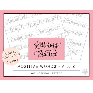 Download digital de folhas de prática de letras de salto lúdico, planilhas para impressão de caligrafia moderna, palavras positivas de A a Z com letras maiúsculas
