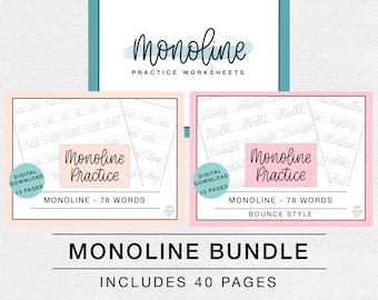 Monoline Lettering Bundle for Beginners, Intro to Lettering Practice Sheets, Digital Download Worksheets