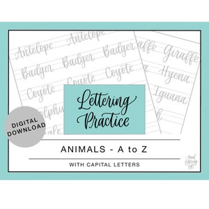 Bounce Lettering Practice Sheets Digital Download, Learn Modern Calligraphy Printable Worksheets, Animals A-Z With Capital Letters