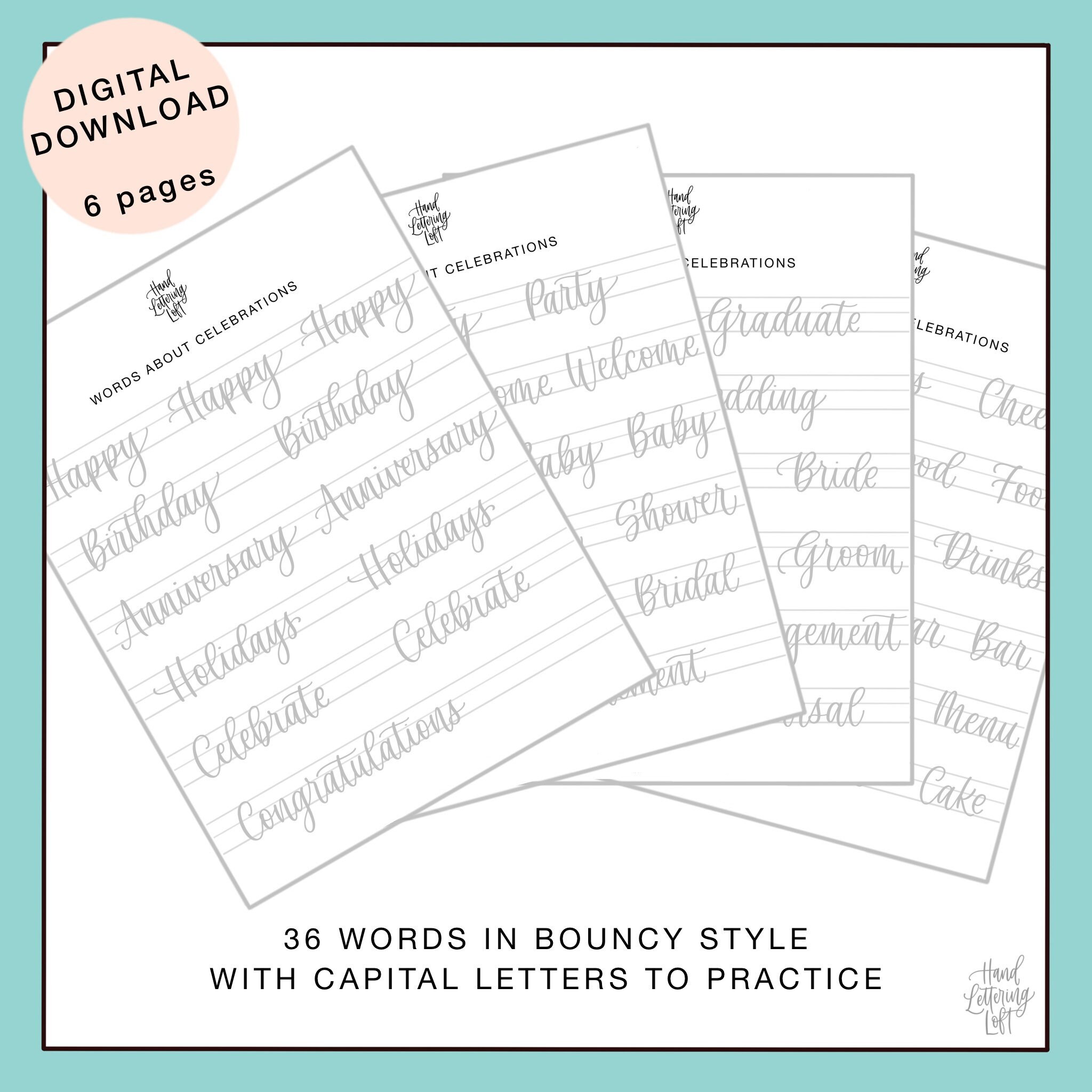 Bouncing Letters Shape Worksheet Bounce Lettering Practice Sheets, Celebration Words (digital Download ...