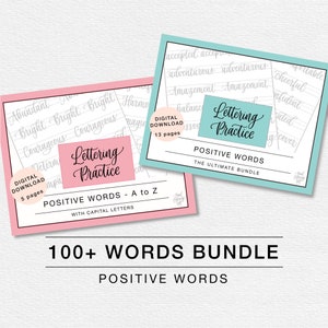 Bundle Playful Bounce Lettering Practice Sheets Digital Download, Modern Calligraphy Printable Worksheets, Positive Words A-Z Set 100+ Words
