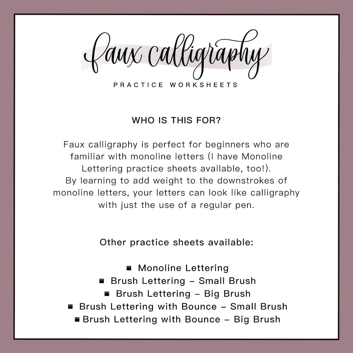 Faux Calligraphy Worksheets for Beginners | Printable Hand Lettering ...