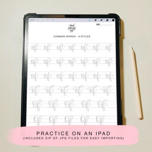 May include: A digital tablet screen displaying a printable worksheet for practising handwriting. The worksheet features the word "of" written in six different styles. The text "PRACTICE ON AN IPAD (INCLUDES ZIP OF JPG FILES FOR EASY IMPORTING)" is displayed at the bottom of the screen.