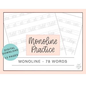 Monoline Words Practice for Beginners, Intro to Lettering Practice Sheets, Digital Download Worksheets, Traceable Word Guides, Print or iPad