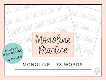 Monoline Words Worksheets for Beginners (78+ Words) | Intro to Lettering Practice Sheets | Digital Download