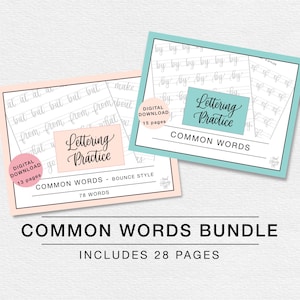 Bundle Common Words Bounce Lettering Practice Sheets Digital Download, Modern Calligraphy Printable Worksheets, Beginner Brush Lettering