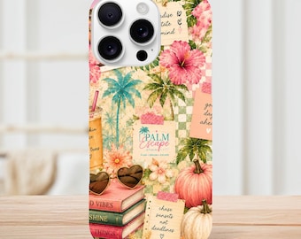 May include: A phone case featuring a collage of tropical and autumn elements including pink hibiscus flowers, palm trees, pumpkins, a stack of books, heart-shaped sunglasses, and a drink. Text includes Palm Escape Studios, Good days ahead, and Chase sunsets not deadlines.