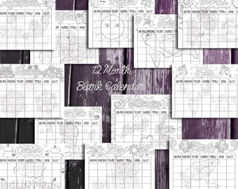 12 page printable blank calendar-to colour in- digital download Jan- Dec