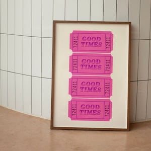 Trendy Retro Pink Good Times Ticket Print Vintage Wall Art Modern Kitchen Decor Illustration Large Printable Art Digital Download