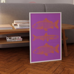 Bunter Fisch Print - Trendy Lila und Orange Poster - Retro und Funky Tier Kunst - Fisch Illustration - Modernes Dekor - Digitaler Download