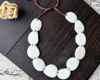 White single strand statement necklace Tagua necklace 14 year Anniversary gift for wife Handmade Adjustable leather strap Simple unusual