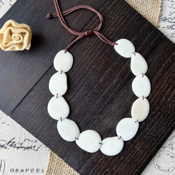 White single strand statement necklace Tagua necklace 14 year Anniversary gift for wife Handmade Adjustable leather strap Simple unusual