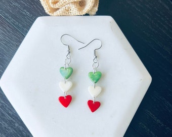 Red green and white hearts long statement earrings Tagua jewelry Spring fashion Casual trendy drops Lightweight Italy jewelry gifts for mom