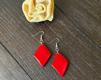 Red Tagua earrings Geometric drops Lightweight earrings Long beaded dangles Stocking stuffers under 15 Anniversary gift ideas for wife