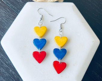 Colombia flag earrings Yellow blue and red hearts statement earrings Tagua jewelry gifts Ecuador fashion Venezuela flag pride Hypoallergenic
