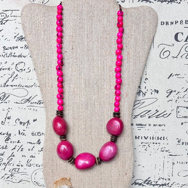 Hot Pink extra long tagua necklace Spring fashion trends Lightweight and adjustable statement Mothers day gifts Anniversary present for wife