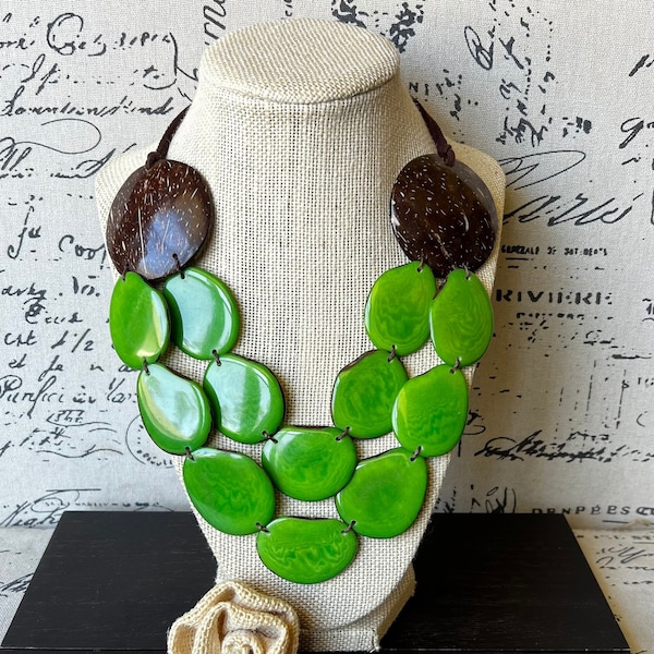 Green statement necklace Tagua jewelry with coconut shell accent Big bold chunky necklace Christmas gifts Double layer bib Beach fashion