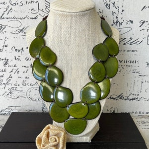 Olive green statement necklace Tagua jewelry Big bold chunky necklace Spring fashion trends Double layer bib Anniversary gift 2 two Strand