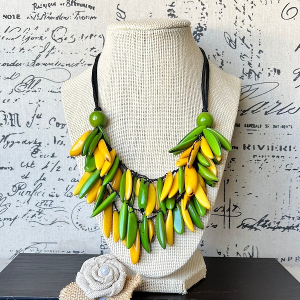Green and yellow fashion necklace Tagua necklace Big bold chunky necklace Multi strand bib adjustable lightweight Mothers day gifts for mom