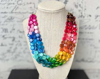 Rainbow Necklace Big bold chunky necklace Mothers day gifts for wife Tagua jewelry Lightweight adjustable beaded necklace Beach fashion