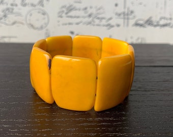 Yellow beaded stretch bracelet Tagua nut Jewelry Spring fashion trends Big bold beads Wide cuff bangle Beach style trends Anniversary gifts
