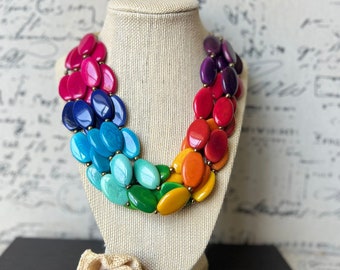 Rainbow fashion multi strand necklace Big Bold Chunky necklace Tagua nut necklace Lightweight with gold chain Mothers day gifts for wife