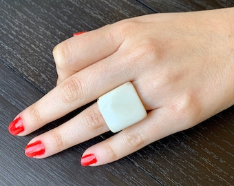 Ivory white Cocktail ring made of Tagua Statement jewelry For Summer wedding Square ring 14 year Anniversary gift for wife Beach fashion