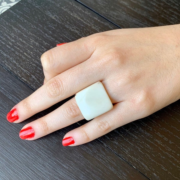Ivory white Cocktail ring made of Tagua Statement jewelry For Summer wedding Square ring 14 year Anniversary gift for wife Beach fashion