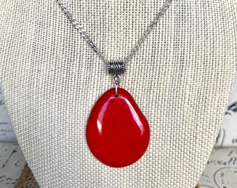 Red Tagua pendant Mothers day gifts under 10 Fashion jewelry Handmade beaded pendant NO chain Beach fashion trends Beach trendy style