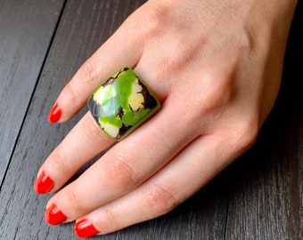 Green statement cocktail ring Tagua nut jewelry Big bold dramatic ring Beach wedding Anniversary gifts Huge oversized rings Artisan handmade