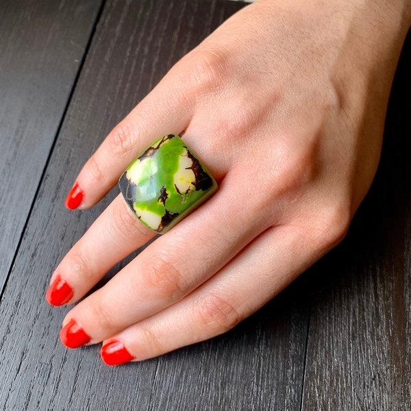 Green statement cocktail ring Tagua nut jewelry Big bold dramatic ring Beach wedding Anniversary gifts Huge oversized rings Artisan handmade