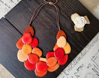 Burnt orange huge beaded necklace Tagua nut jewelry Big bold chunky necklace Triple 3 strand adjustable bib collar Wearable art Fall fashion