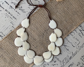 White statement necklace Tagua jewelry Double layer bib 14 year Ivory anniversary gift for wife Big bold chunky necklace 2 Two strands