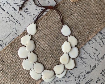 White statement necklace Tagua jewelry Double layer bib 14 year Ivory anniversary gift for wife Big bold chunky necklace 2 Two strands