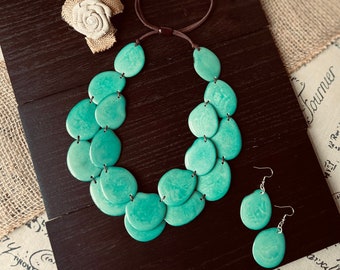 Turquoise Green Tagua Nut Necklace & Earrings Set, Adjustable Cord, Eco Friendly Jewelry