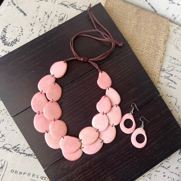 Pink statement necklace set Tagua nut jewelry Holiday fashion trends Big bold chunky necklaces Anniversary gift for women leather Xmas gifts