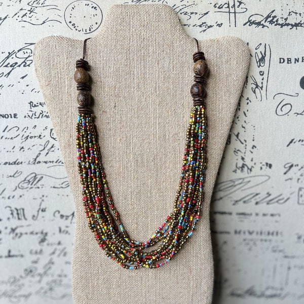 Multi layer seed bead statement necklace with coconut beads Multi color lightweight collar Anniversary gift for wife Spring fashion trends