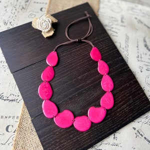 Hot pink single strand big beaded statement necklace Birthday gift for wife Tagua necklace Handmade collar with adjustable leather strap